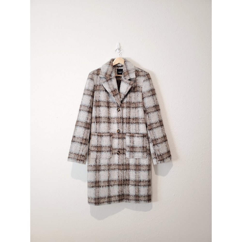 Nasty Gal Gray & Cream Plaid Pea Coat